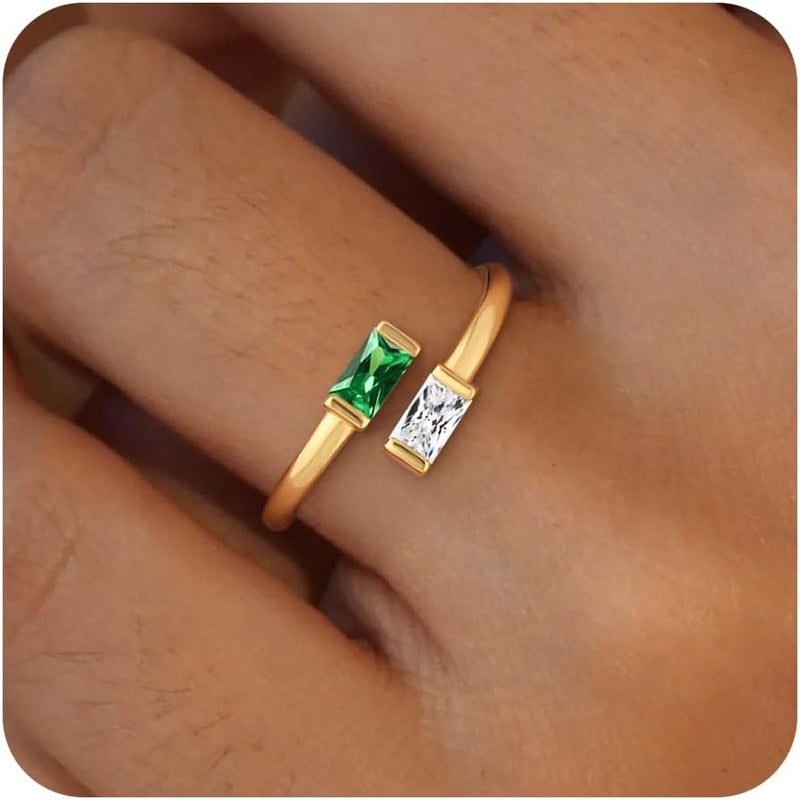 Honsny Gold Birthstone Rings for Women Non Tarnish 14K Gold Plated Adjustable Emerald Ring Cubic Zirconia Gemstone Promise Ring for Her Engagement Personalized Waterproof Jewelry Gifts for Birthday - Image 1